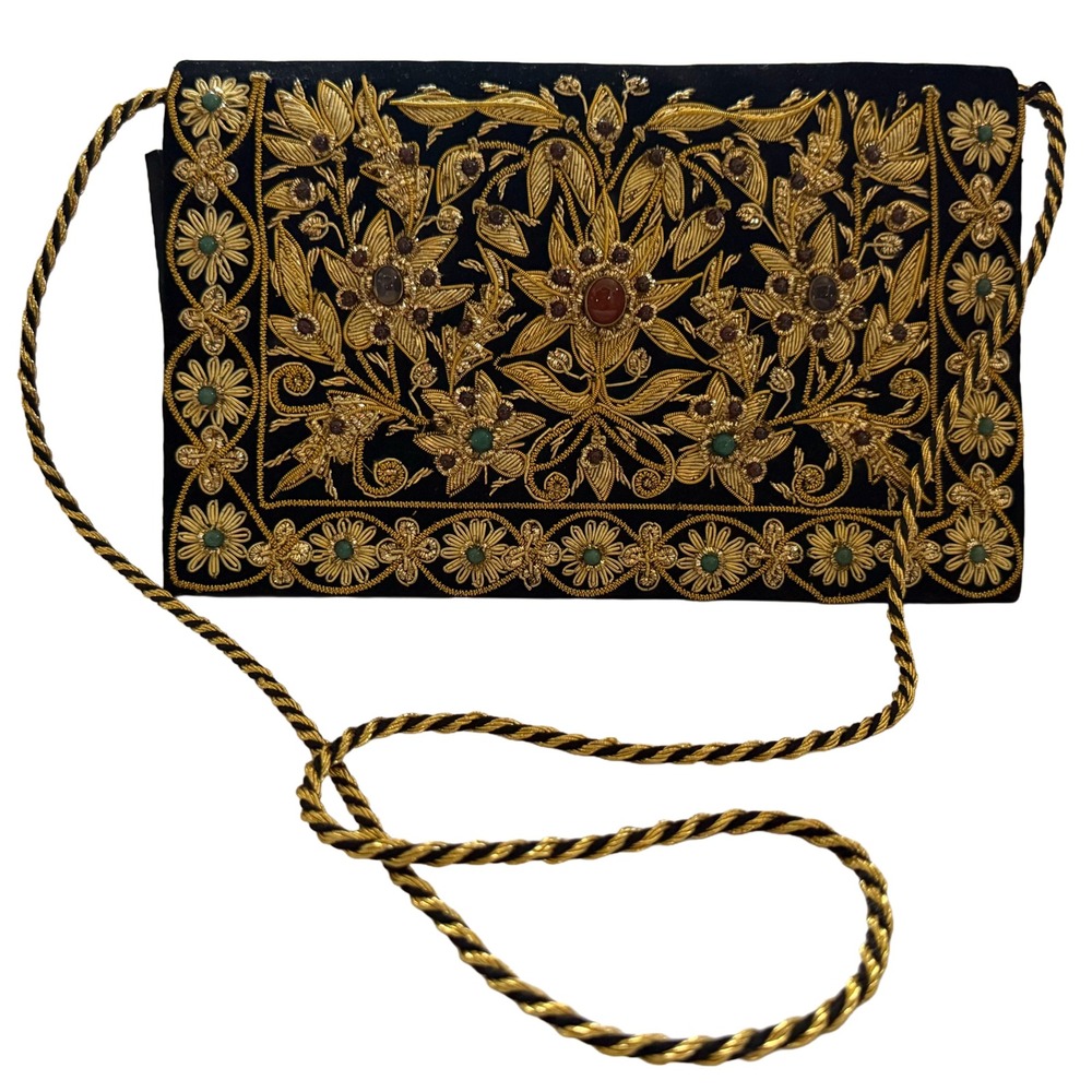 Vtg Zardozi Hand Embroidered Black Velvet Clutch Purse Gold Metallic Gemstones